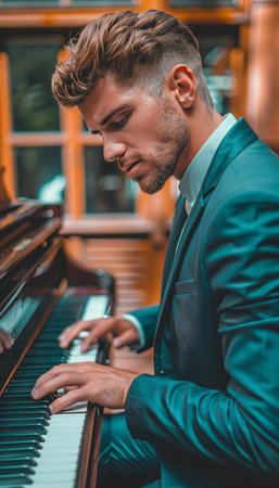 Skilled Pianist Playing with Passion, Portrait of a Musician Lost in the Melody on a Grand Pianoの素材