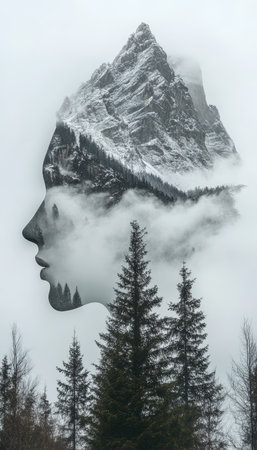 Woman Profile Blended with Mountains and Mist, Symbolizing Nature, Serenity, and Inner Peaceの素材