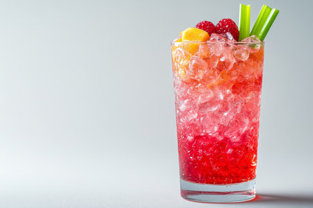 Refreshing Red Cocktail with Ice, Raspberry, and Mango on White Background. Isolated, Close Up.の素材