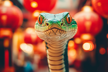 Green Snake Celebrating Chinese New Year with Red Lanterns in Vibrant Bokeh Backgroundの素材