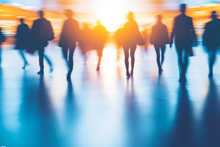 Urban Commuters Silhouettes of Business People in Motion Blur at a Sustainable City Office Centerの素材