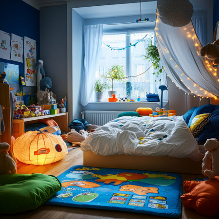 Childs cozy bedroom with tent bed, world map rug, string light decoration, soft toysの素材