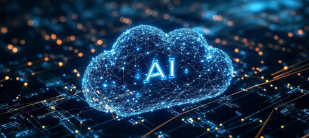 AI Cloud Computing Concept Artificial Intelligence Network Over a Futuristic Circuit Boardの素材