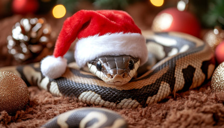 Adorable Snake Wearing a Santa Hat for Christmas, Symbol of the Year 2025, Festive Pet Photoの素材