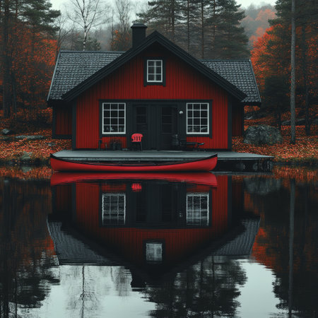 Red Cottage by Tranquil Lake with Canoe, Picturesque Autumn Scene in Swedish Countryside.の素材