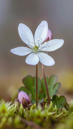 Single white wildflower, soft focus, gentle curve, ethereal beauty, muted colors, nature photographyの素材