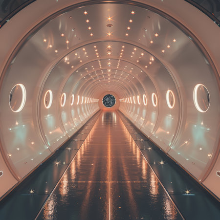 Futuristic Tunnel Interior With Circular Lights And Reflections modern design,, 3D illustrationの素材