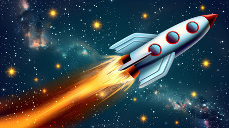 Space Exploration Cartoon Rocket Soaring Through Galaxy with Stars and Nebula Clouds.の素材
