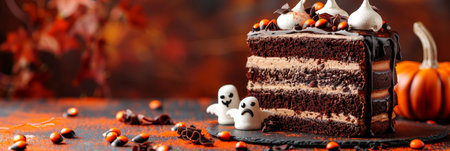 Halloween Chocolate Cake with Chocolate Cream and Meringue Decorations, Selective Focusの素材