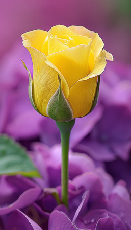 Yellow Rose Blooming Amongst Purple Hydrangea Flowers, Contrasting Colors and Textures of Natureの素材