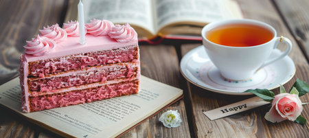 Slice of Pink Layer Cake with Candle on Open Book, Cup of Tea with Rose, Romantic Birthday Conceptの素材