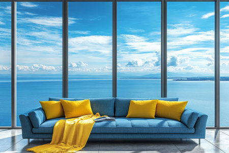 Modern Living Room with Panoramic Ocean View, Blue Sofa and Yellow Pillows. Interior Design.の素材