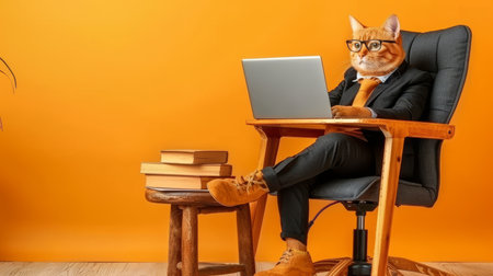 Stylish Cat in a Suit Working Remotely on Laptop, in a Modern Home Office, Pastel Yellow Backgroundの素材