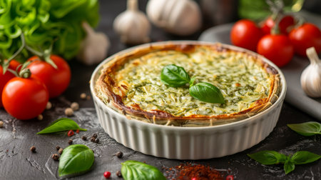 Classic Quiche Lorraine in a White Pie Dish, Garnished with Fresh Basil, On Rustic Tableの素材