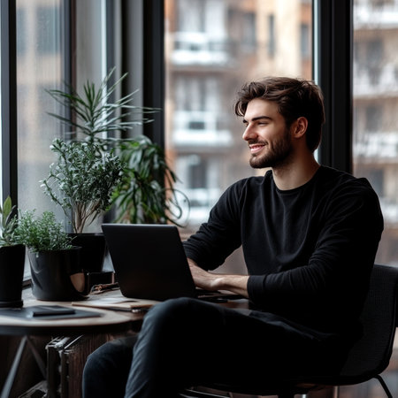 Young Professional Finds Focus and Productivity While Working Remotely From Home Office By Windowの素材