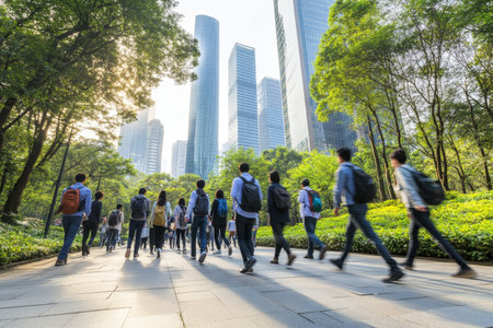 Green City Commute Business Professionals Walking in Sustainable Urban Center, Motion Blurの素材
