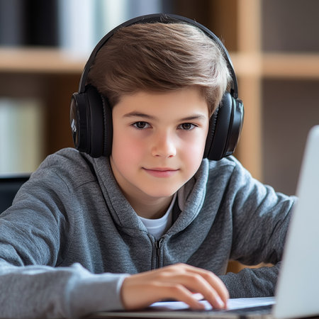 Boy with headphones concentrated on online learning using laptop, Homeschooling, E-learning conceptの素材