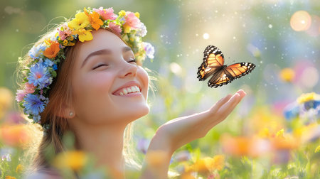 Beautiful Woman with Floral Crown and Butterfly Mystical Garden Portrait, Summertime Blissの素材