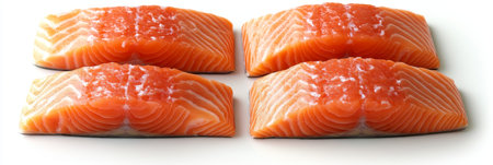 Four Fresh Salmon Top View of Raw Salmon Fillets Isolated on White, Perfect for Food Photographyの素材