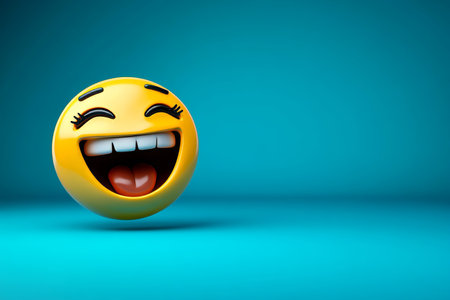 3D rendering Isolated Yellow Emoji Representing Joyful Laughter on a Serene Blue Background.の素材