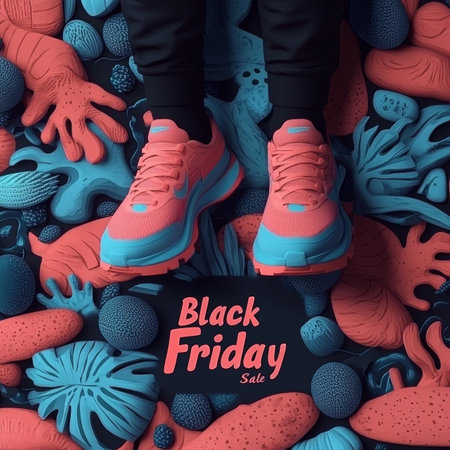 Stylish sport shoes on a vibrant, abstract background, perfect for Black Friday sale promotions.の素材