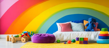 Childrens Playroom Decor, Featuring Rainbow Wall Mural And Plush Toys On Sunny Yellow Rugの素材