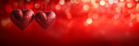 Two Red Glitter Hearts Hanging on a Red Background with Bokeh Lights, Perfect for Valentines Day.の素材