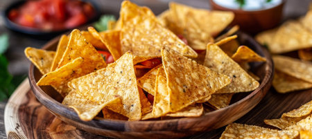 Crispy Tortilla Chips with Salsa and Dip, Close-Up of Delicious Snack Food in Rustic Settingの素材