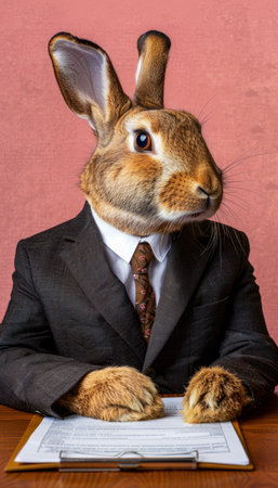 Serious Business Rabbit in Formal Suit at Desk Reviewing Documents, Isolated on Pink Backgroundの素材