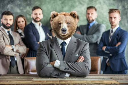 Business Bear Powerful Bear in Suit Leads Meeting, Surrounded by Businesspeople, Green Backdropの素材