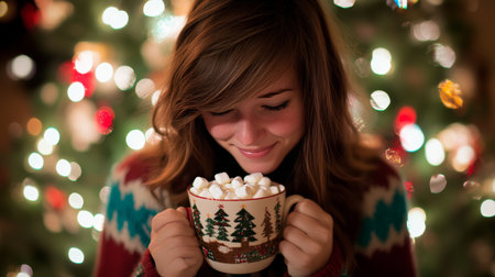 Woman in Cozy Christmas Sweater with Hot Cocoa, Enjoying Festive Lights and Holiday Cheerの素材