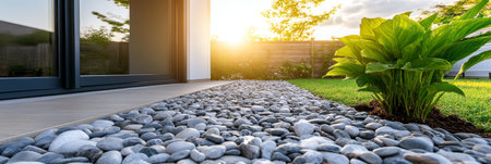 Contemporary Home with Gravel Landscaping, Lush Greenery, and Golden Sunlight at Sunsetの素材