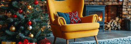 Cozy Living Room with Christmas Tree and Fireplace. Festive Home Interior Decor for Holiday Season.の素材