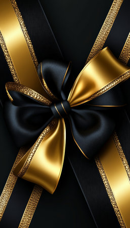 Black and gold ribbon bow on black silk background. Luxury design element with copy spaceの素材