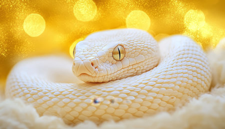 Golden Year of the Snake Albino Snake Coiled on Fluffy White Background with Glowing Bokehの素材