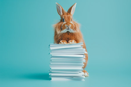 Overwhelmed Fluffy Bunny with Stack of Paperwork on Blue Background, Office Workload Conceptの素材