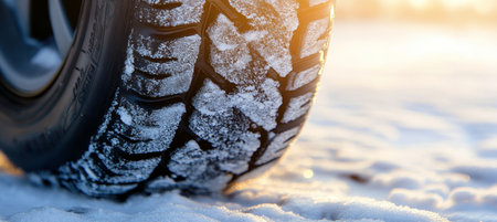 Close Up Of Winter Tire Covered With Snow. Sunlight In Background Detail On Snow Tiresの素材