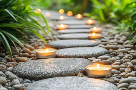 Serenity and Tranquility Stone Path Illuminated by Warm Candlelight in Peaceful Gardenの素材