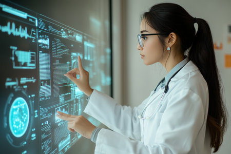 Female Doctor Analyzing Patient Data On Futuristic 3D Medical Interface In Hospital Setting.の素材