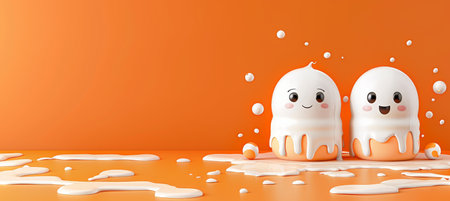Two Cute Cartoon Characters Covered in White Glaze on an Orange Background with Milk Splashesの素材