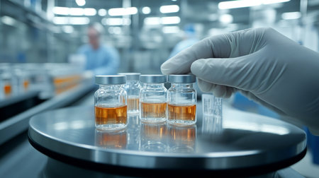 Pharmaceutical Quality Control Technician Inspects Vials on Production Line in a Sterile Laboratoryの素材