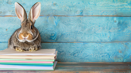 Cute Bunny Overwhelmed by Stack of Papers on Desk Against Pastel Blue, Back to School Conceptの素材
