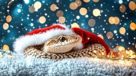 Adorable Snake Wearing a Santa Hat for Christmas. A Festive Reptile Portrait in the Snow.の素材
