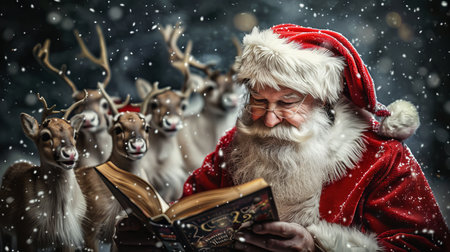 Santa Claus Reading Book to Curious Reindeer on Snowy Christmas Eve, Enchanting Festive Sceneの素材