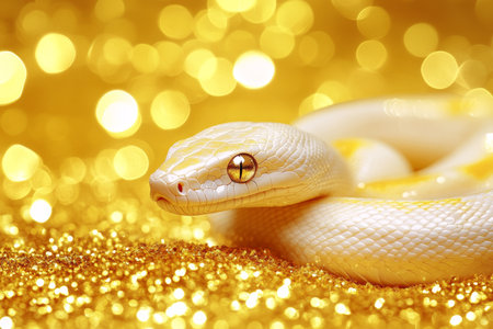 Albino Python on Golden Glitter Symbol of Wealth and Prosperity for Chinese New Yearの素材