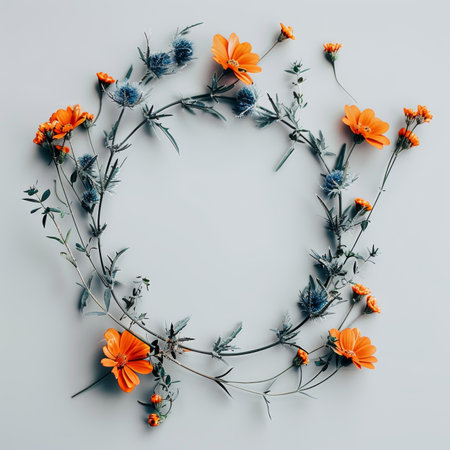 Floral Wreath Frame with Orange and Blue Flowers on White Background. Flat Lay, Top Viewの素材