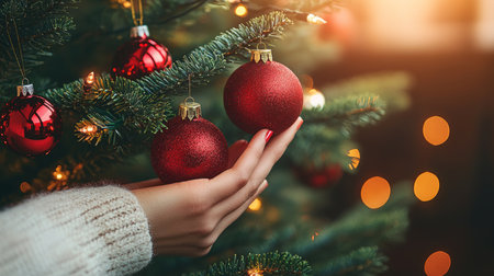 Woman Hanging Red Ornaments on a Lighted Christmas Tree, Creating a Festive Holiday Atmosphereの素材