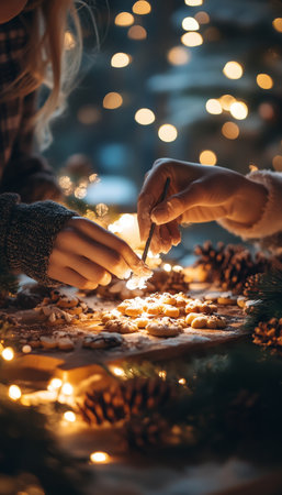 Creating Festive Memories Couple Decorates Christmas Cookies by Warm, Twinkling Lightsの素材