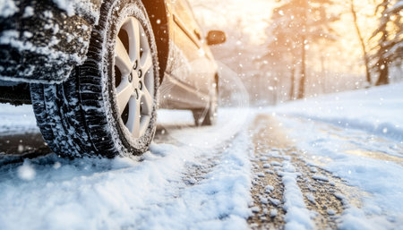 Close-up of Winter Tire on Snowy Road, Car Driving Through a Winter Wonderland at Sunrise.の素材