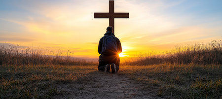 Silhouette Of Man Kneeling Before A Cross In Nature Landscape, Sunrise With Dramatic Skyの素材